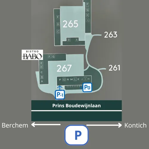 Plan van de parking: Bistro Babo in gebouw 267 aan de Prins Boudewijnlaan, parking P0 en P-1 bij gebouw 267, extra parking aan de overkant